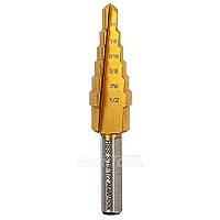 HSS TiN Coated Step Drill 3/16-1/2 Diameter In 6 Steps, 1/4 Shank
