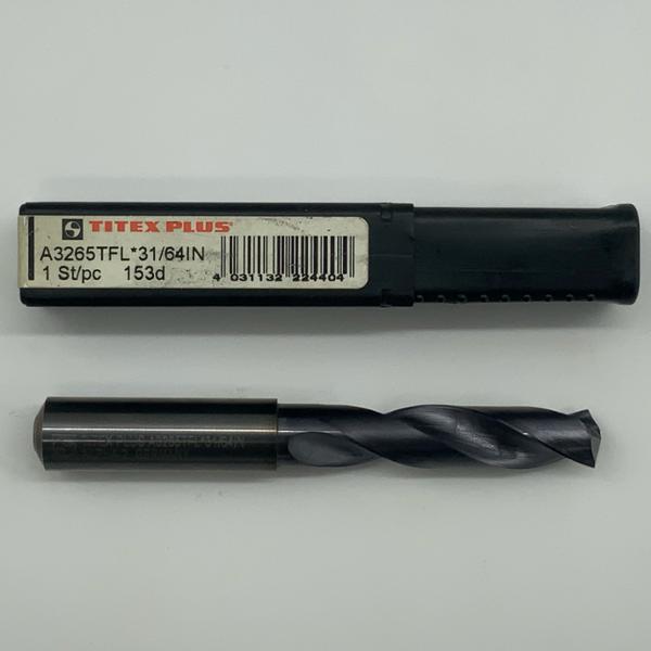 Titex Solid Carbide 2 Flute Drill .4844 (31/64”) Cutting Dia X 1.78 Flute Length