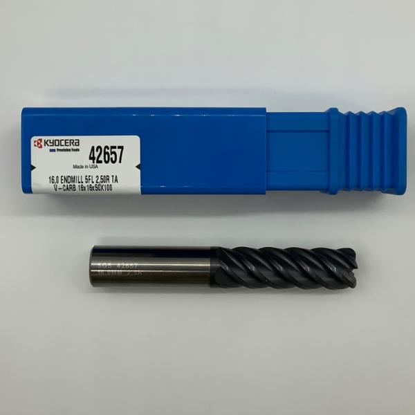 Kyocera Solid Carbide 5 Flute Endmill .6299 (16mm) Cutting Dia X 50mm Flute Length With 2.5mm Corner Radius