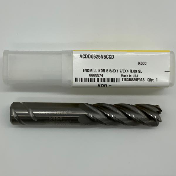 Kennametal Solid Carbide 5 Flute Endmill .6250 (5/8) Cutting Dia X 1.88 Flute Length With .09 Corner Radius Coolant Thru KOR5