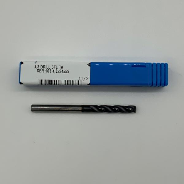 Kyocera Solid Carbide 3 Flute Drill .1693 (4.3mm) Cutting Dia X .875 Flute Length