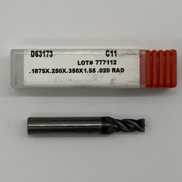 Data Flute CNC Solid Carbide 4 Flute Endmill .1875 (3/16) Cutting Dia X .35 Flute Length With .020 Corner Radius
