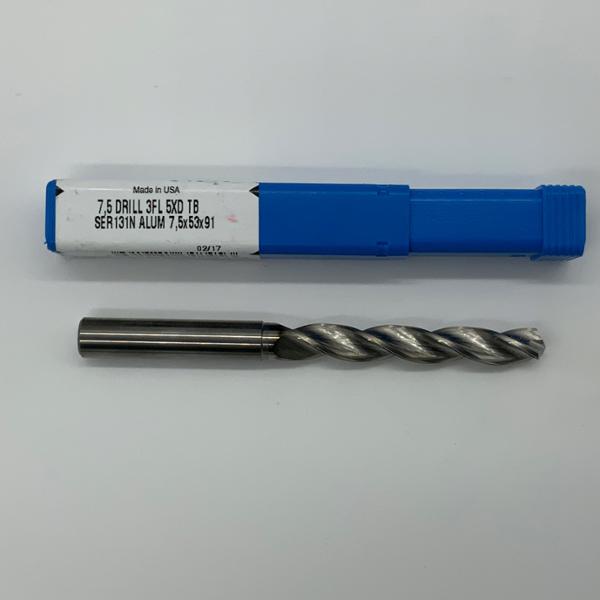 SGS Solid Carbide 3 Flute Drill .2953 (7.5mm) Cutting Dia X 1.96 Flute Length
