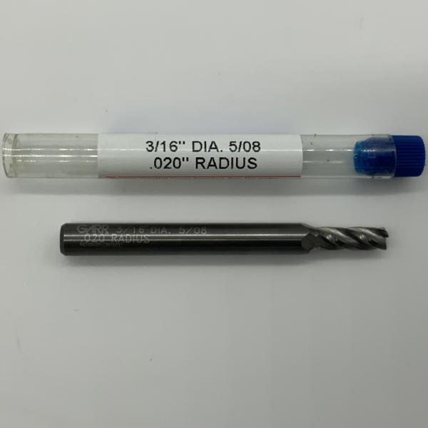 Garr Solid Carbide 4 Flute Endmill .1875 (3/16) Cutting Dia X .54 Flute Length  With .020 Corner Radius