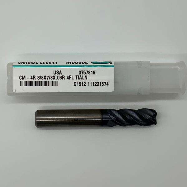 Metal Removal Solid Carbide 4 Flute Endmill .3750 (3/8”) Cutting Dia X .88 Flute Length With .06” Corner Radius