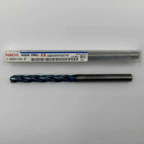 Nachi Solid Carbide 3 Flute Drill .2913 (7.4mm) Cutting Dia X 2.36 Flute Length Coolant Thru
