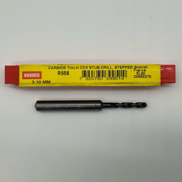 Dormer Solid Carbide 2 Flute Drill .1220 (3.10mm) Cutting Dia X 0.75 Flute Length