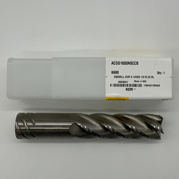 Kennametal Solid Carbide 5 Flute Endmill 1.000 (25.4mm) Cutting Dia X 3.0 Flute Length Coolant Thru KOR5 With .030 Corner Radius