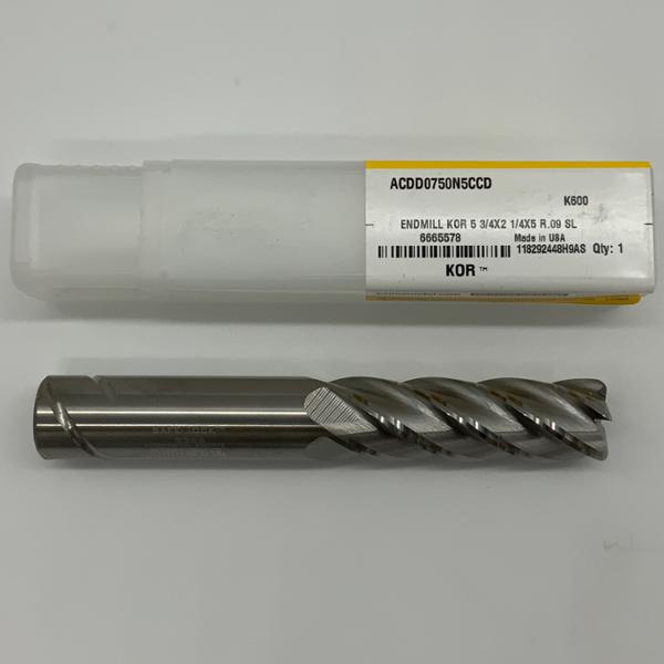 Kennametal Solid Carbide 5 Flute Endmill .7500 (3/4) Cutting Dia X 1.25 Flute Length With .09 Corner Radius Coolant Thru KOR5