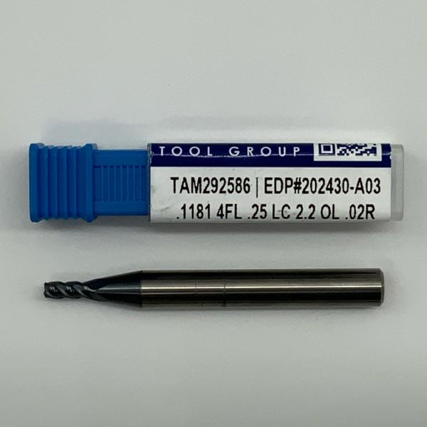 GWS Solid Carbide 4 Flute Endmill .1181 (3mm) Cutting Dia X .26 Flute Length With .02” Corner Radius