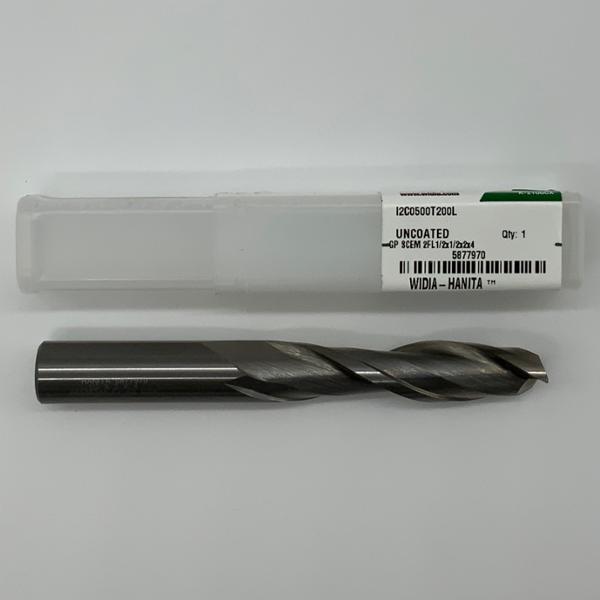 Widia Solid Carbide 2 Flute Endmill .5000 (1/2”) Cutting Dia X 2.0 Flute Length With .020 Corner Chamfer