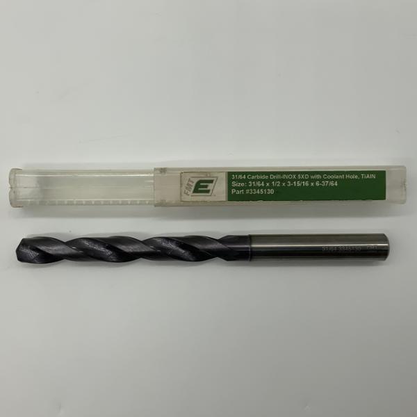 FMT Element Solid Carbide 2 Flute Drill .4844 (31/64”) Cutting Dia X 3.94 Flute Length Coolant Thru