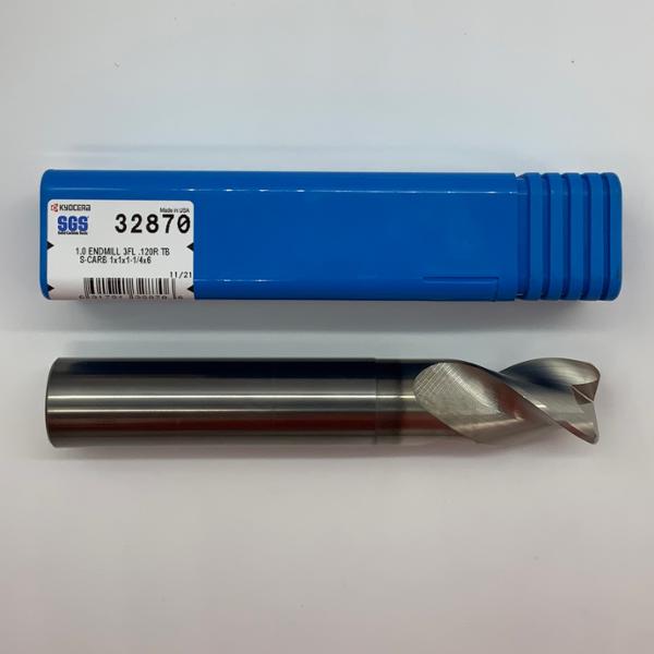 Kyocera Solid Carbide Necked 3 Flute Endmill 1.00 (25.4) Cutting Dia X 1.25 Flute Length With .120 Corner Radius