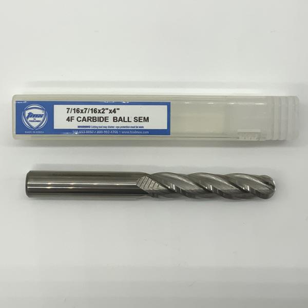 ToolMex Solid Carbide 4 Flute Ball Endmill .4375 (7/16”) Cutting Dia X 2.0 Flute Length