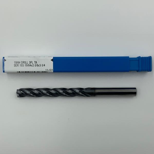 Kyocera Solid Carbide 3 Flute Drill .2969 (19/64) Cutting Dia X 2.22 Flute Length