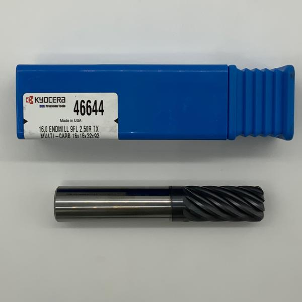 Kyocera Solid Carbide 9 Flute Endmill .6299 (16mm) Cutting Dia X 32mm Flute Length With 2.5mm Corner Radius