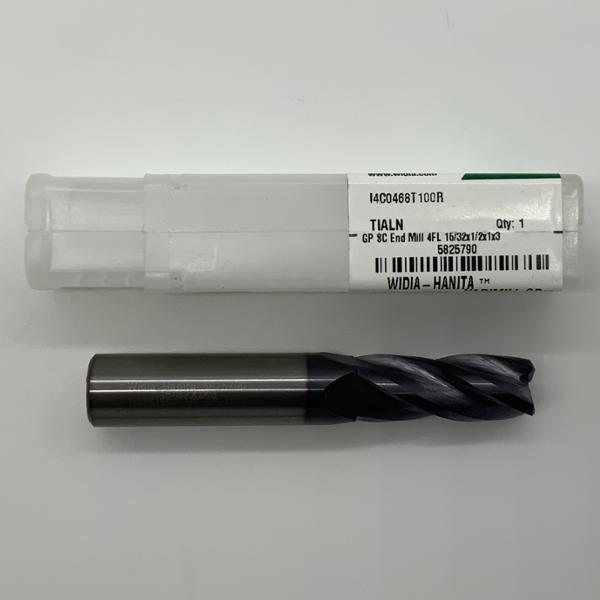 Widia Solid Carbide 4 Flute Endmill .468 (15/32”) Cutting Dia X 1.0 Flute Length With .02 Corner Chamfer