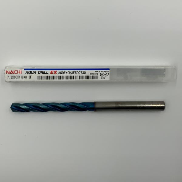 Nachi Solid Carbide 3 Flute Drill .2874 (7.3mm) Cutting Dia X 2.36 Flute Length Coolant Thru