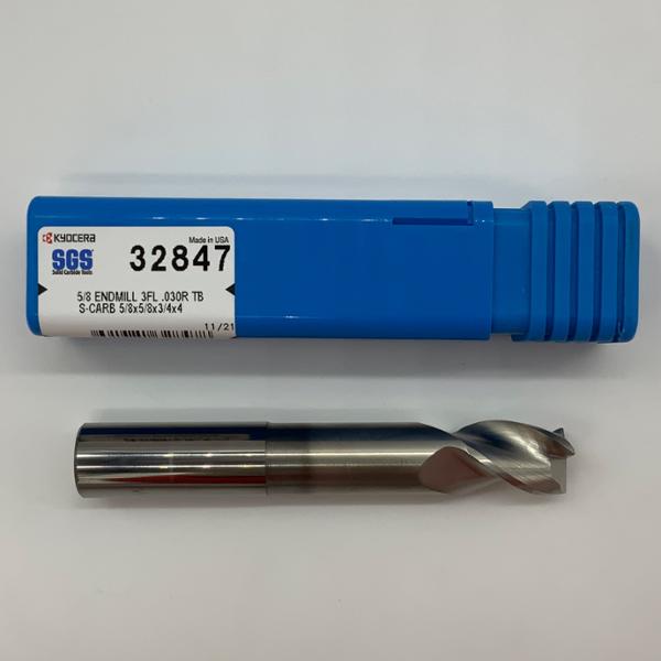 Kyocera Solid Carbide Necked 3 Flute Endmill .6250 (5/8) Cutting Dia X .75 Flute Length With .030 Corner Radius