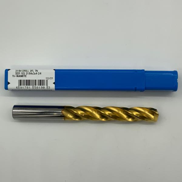 Kyocera Solid Carbide 3 Flute Drill .4844 (31/64) Cutting Dia X 3.0 Flute Length