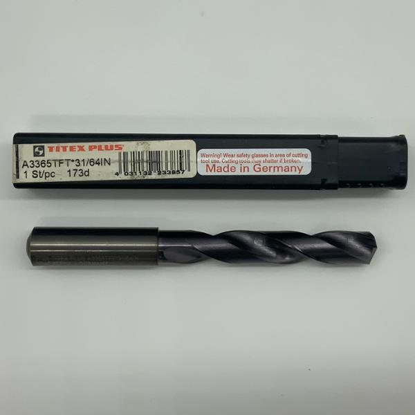 Titex Solid Carbide 2 Flute Drill .4844 (31/64”) Cutting Dia X 2.70 Flute Length