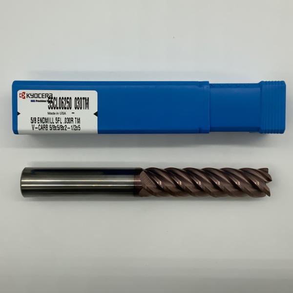 Kyocera Solid Carbide 5 Flute Endmill .6250 (5/8) Cutting Dia X 2.5 Flute Length With .030 Corner Radius