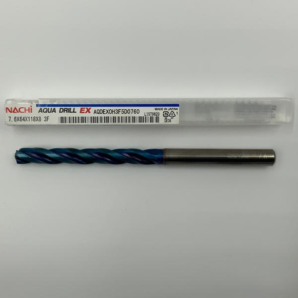 Nachi Solid Carbide 3 Flute Drill .2992 (7.6mm) Cutting Dia X 2.52 Flute Length Coolant Thru