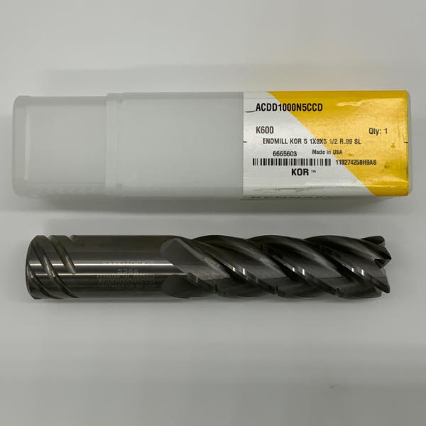 Kennametal Solid Carbide 5 Flute Endmill 1.00 (25.4mm) Cutting Dia X 3.0 Flute Length With .09 Corner Radius Coolant Thru KOR5