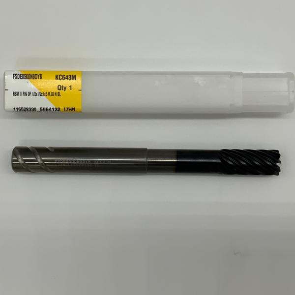 Kennametal Solid Carbide Necked 9 Flute Endmill .5000 (1/2)Cutting Dia X 1.0 Flute Length With .03 Corner Radius Coolant Thru