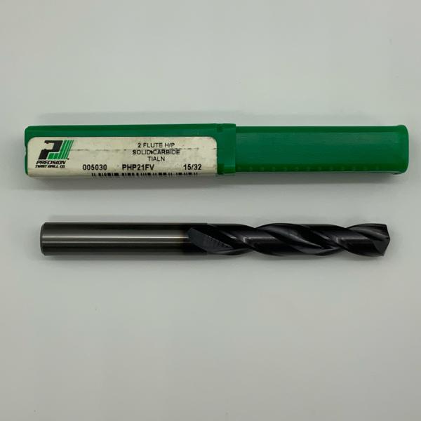 Precision Twist Solid Carbide 2 Flute Drill .4688 (15/32”) Cutting Dia X 2.50 Flute Length