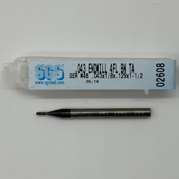 SGS Solid Carbide 4 Flute Ball Endmill .043 Cutting Dia X .129 Flute Length